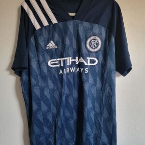 Adidas Dark Blue Soccer Jersey with White Stripes